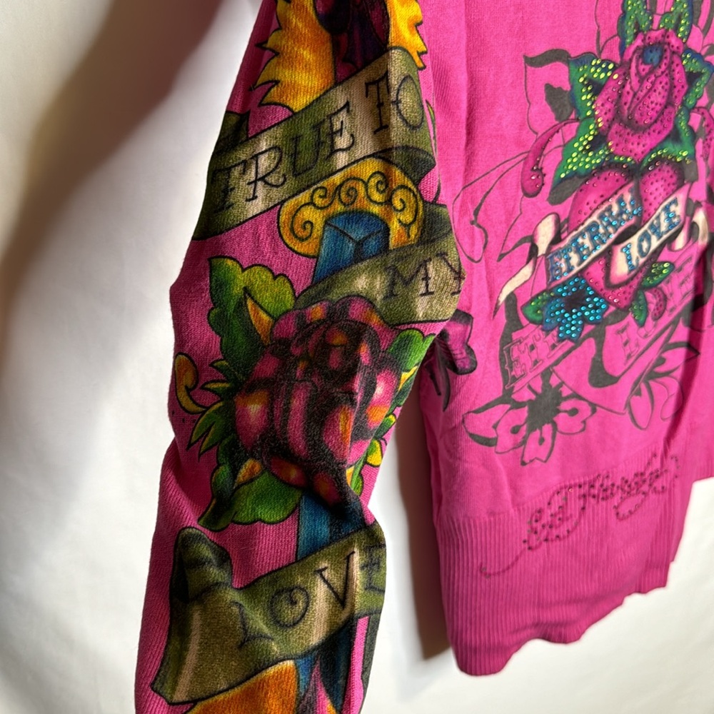 💖Eternal Love by Ed Hardy pink long sleeve hooded knit sweater Sz Small - Picture 13 of 15